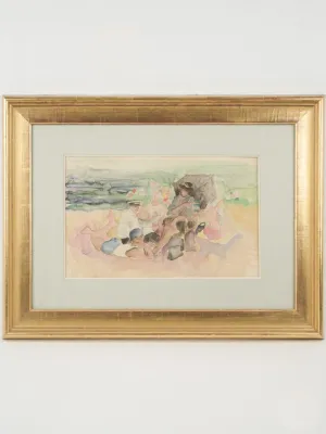 1937 French Riviera beachscape watercolor by Odilon Roche 23¼"x 30¾"