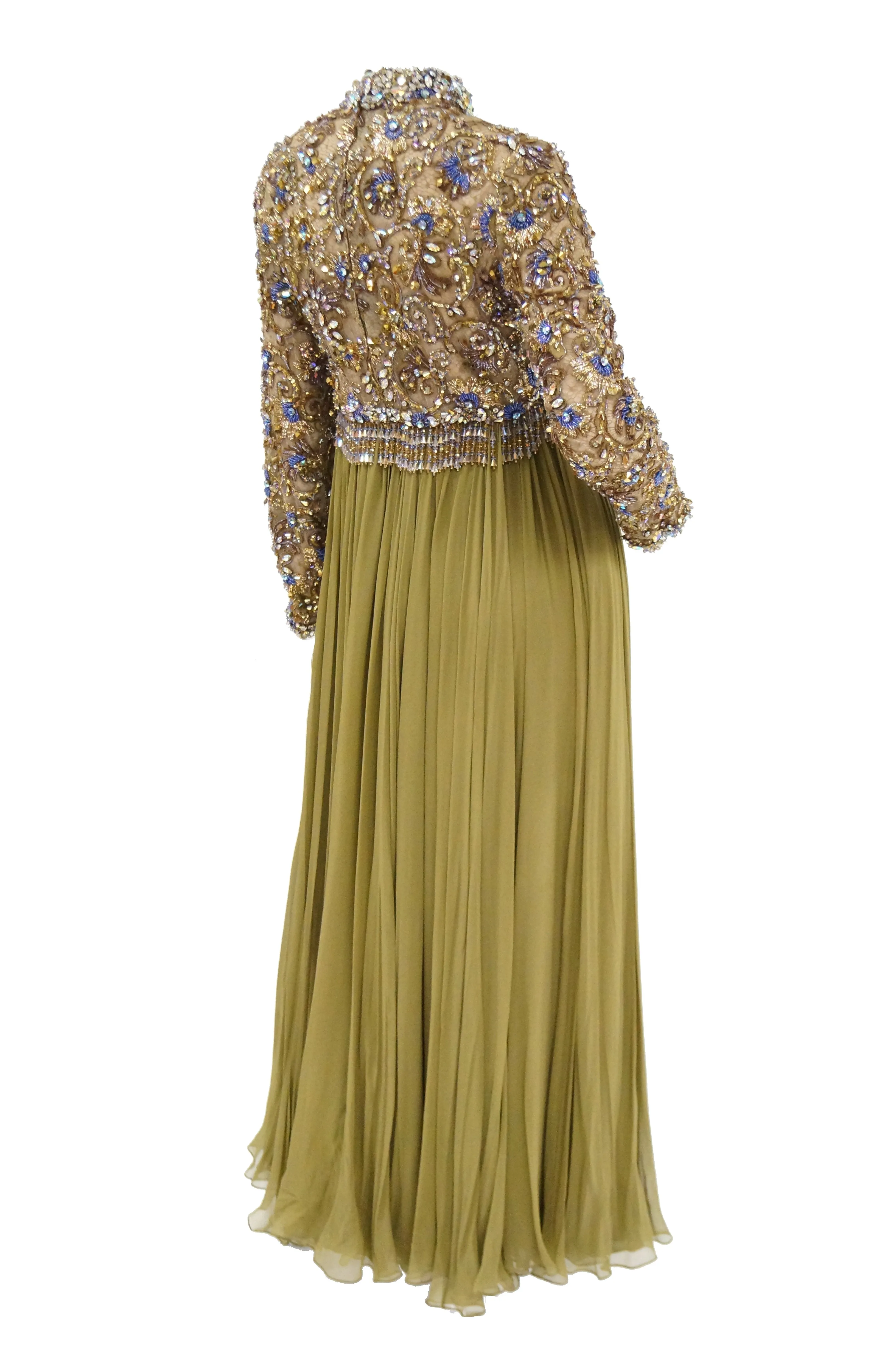 1960s George Halley Olive Green Silk Chiffon Beaded Bodice Evening Dress