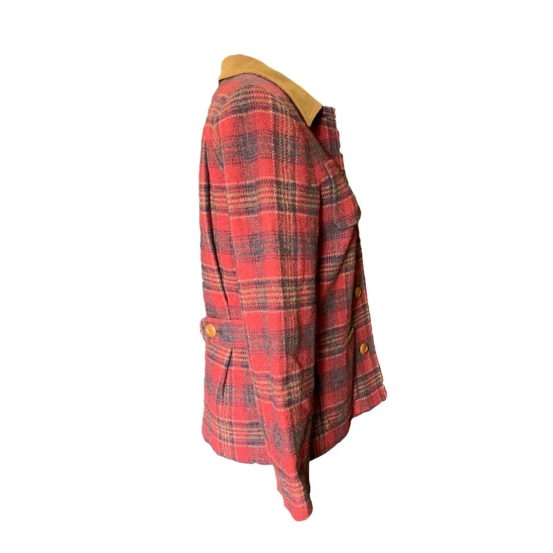 1990s Wool Riding Jacket by Pendleton in a Red and Brown Plaid with a Suede Collar. Warm Winter Coat.