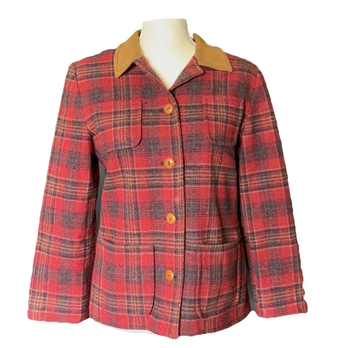 1990s Wool Riding Jacket by Pendleton in a Red and Brown Plaid with a Suede Collar. Warm Winter Coat.