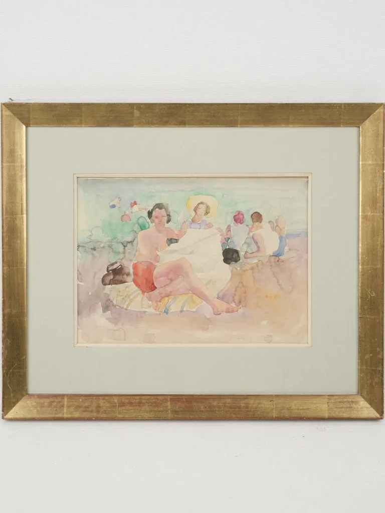 20th-century watercolor beachscape of young lady in a yellow hat by Odilon Roche 19" x 22½"