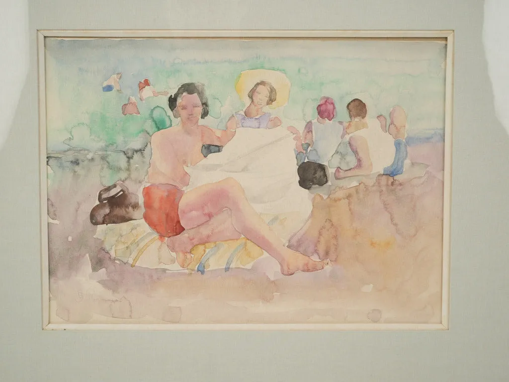 20th-century watercolor beachscape of young lady in a yellow hat by Odilon Roche 19" x 22½"