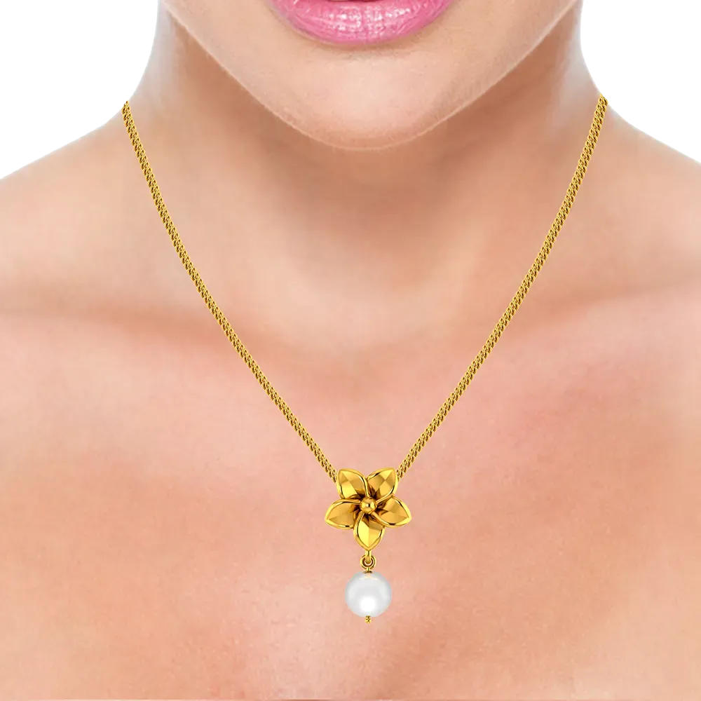 22k Gold Pendant With A Five-petal Floral Design And A Pearl