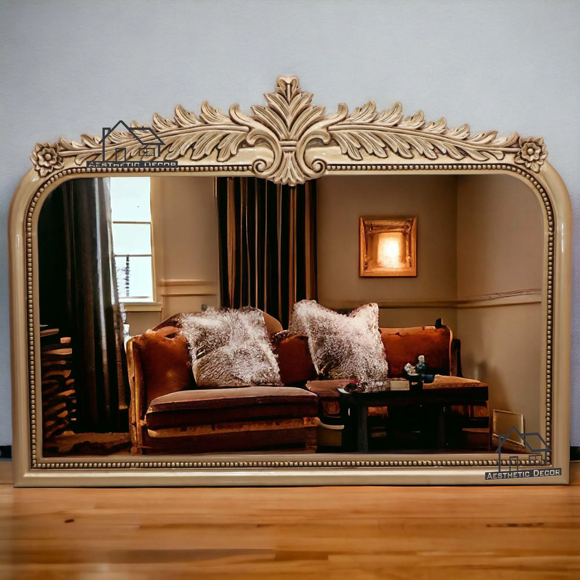 AESTHETIC DECOR Wooden Carved Wall Mirror Frame Solid Wood,Gold Finish | with Out Mirror | Size 5 * 3.5 feet Gold (Antique Gold)