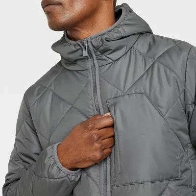 All In Motion Men's Zip-Up Winter Hooded Wind-Resistant Quilted Jacket Packable