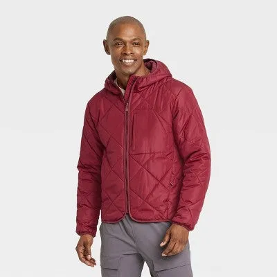 All In Motion Men's Zip-Up Winter Hooded Wind-Resistant Quilted Jacket Packable