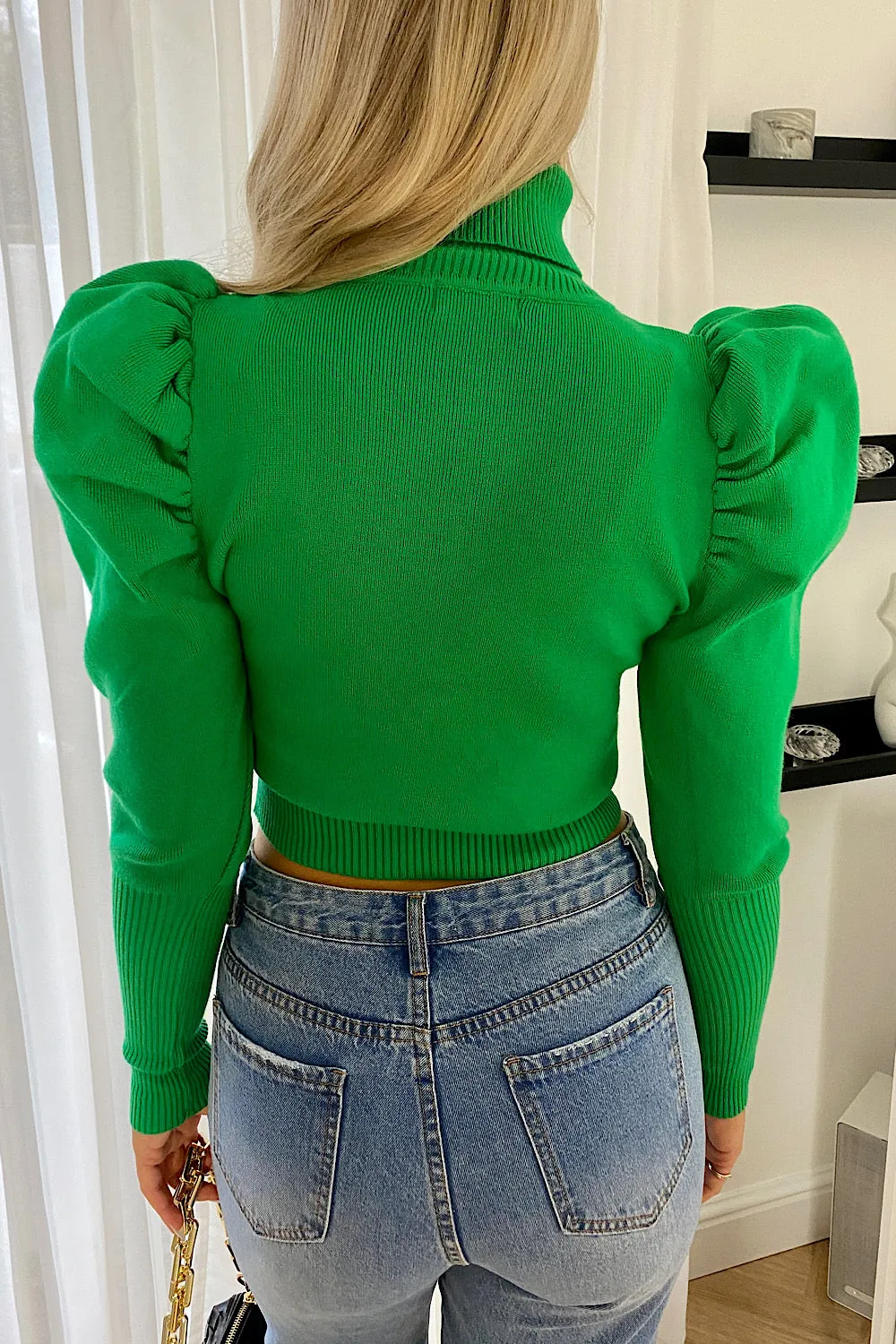 Allie Green Ribbed Polo Neck Puff Sleeve Jumper