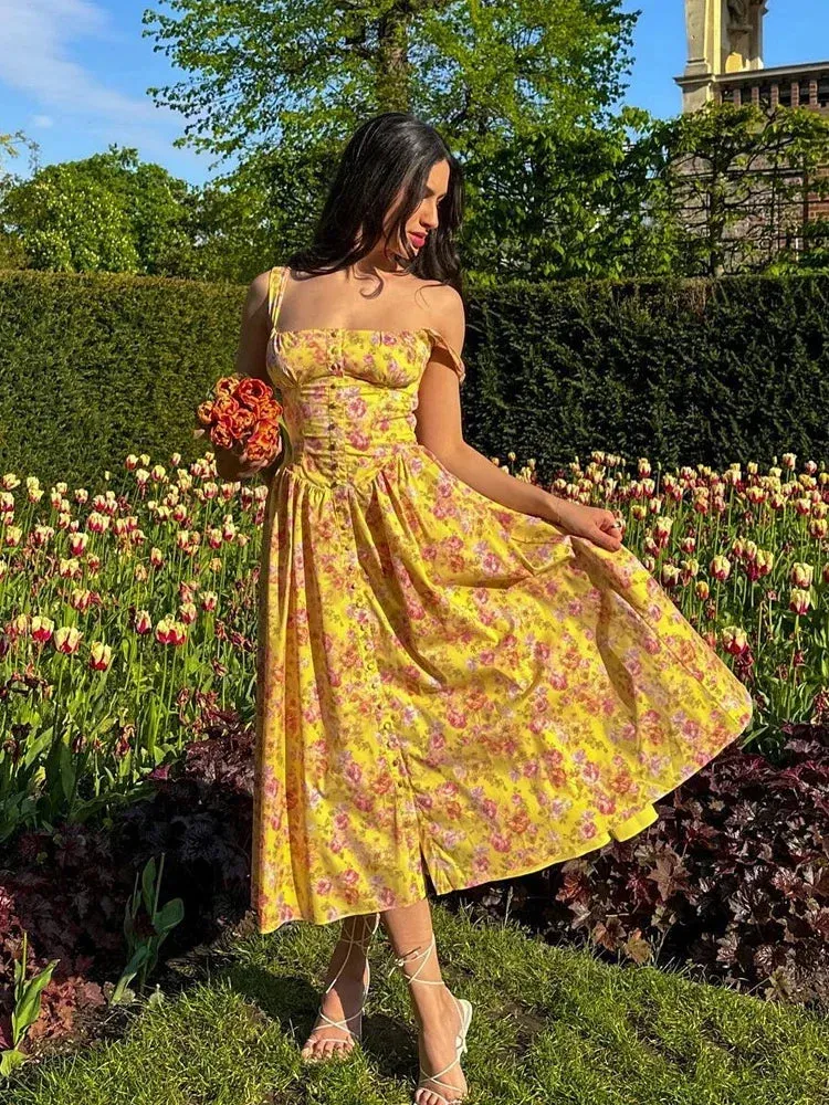 Amozae Summer Elegant Floral Print Midi Holiday Dress with Pocket Yellow Back Lace Up Party Dresses Casual Women Dress 2023