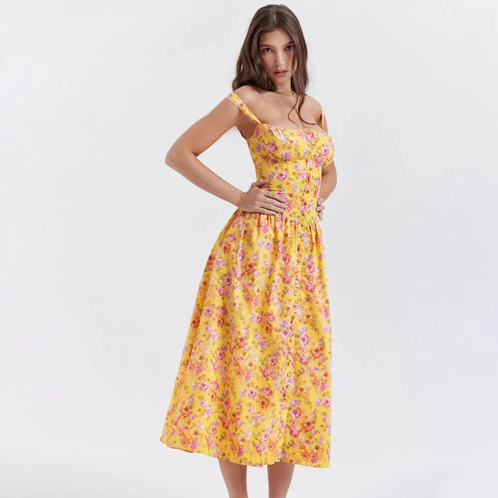 Amozae Summer Elegant Floral Print Midi Holiday Dress with Pocket Yellow Back Lace Up Party Dresses Casual Women Dress 2023