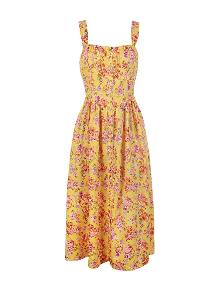 Amozae Summer Elegant Floral Print Midi Holiday Dress with Pocket Yellow Back Lace Up Party Dresses Casual Women Dress 2023