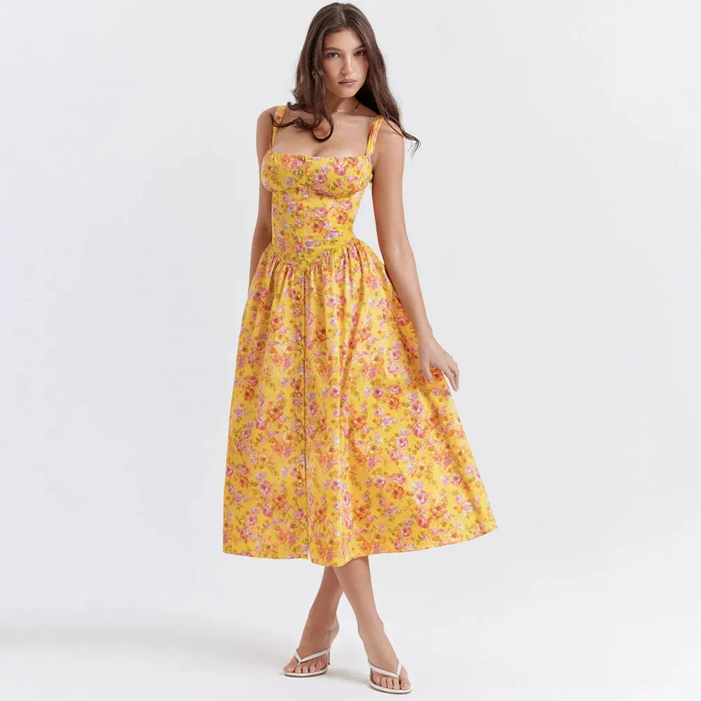 Amozae Summer Elegant Floral Print Midi Holiday Dress with Pocket Yellow Back Lace Up Party Dresses Casual Women Dress 2023