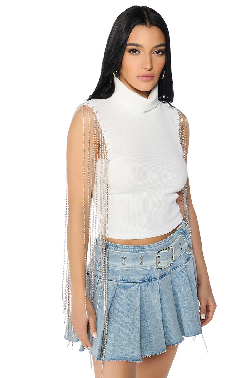 ANASTASIA RHINESTONE FRINGE KNIT TANK IN WHITE