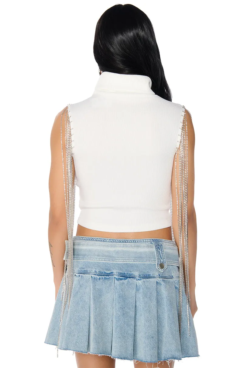 ANASTASIA RHINESTONE FRINGE KNIT TANK IN WHITE