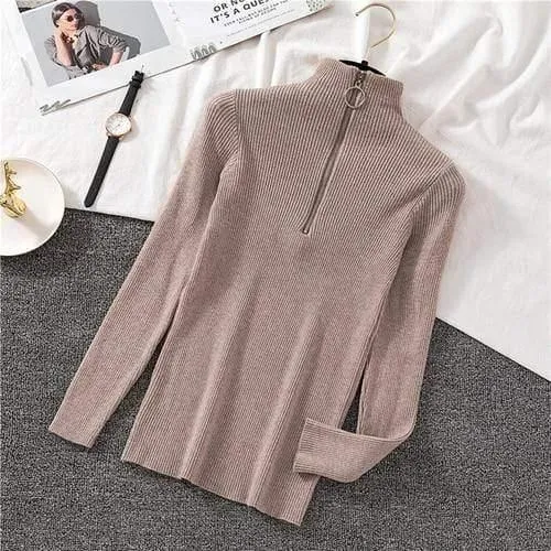 Autumn Zipper Half Turtleneck Sweater For Women