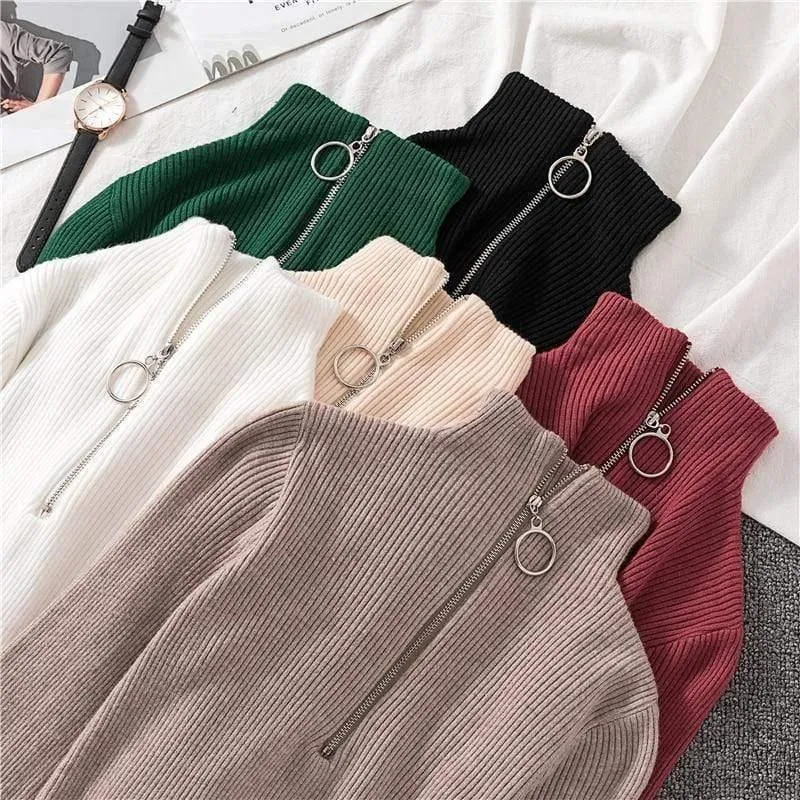 Autumn Zipper Half Turtleneck Sweater For Women