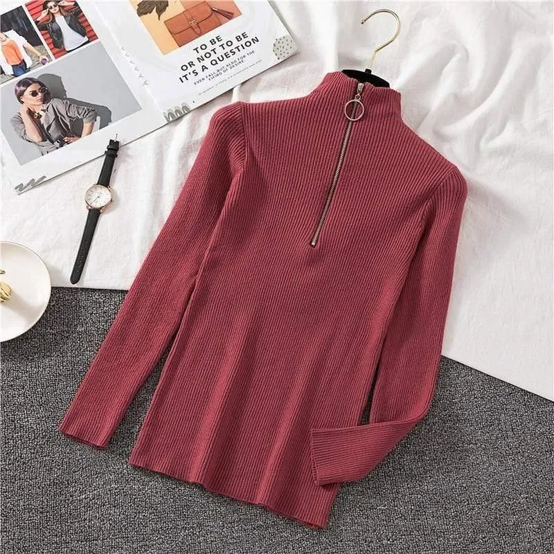 Autumn Zipper Half Turtleneck Sweater For Women