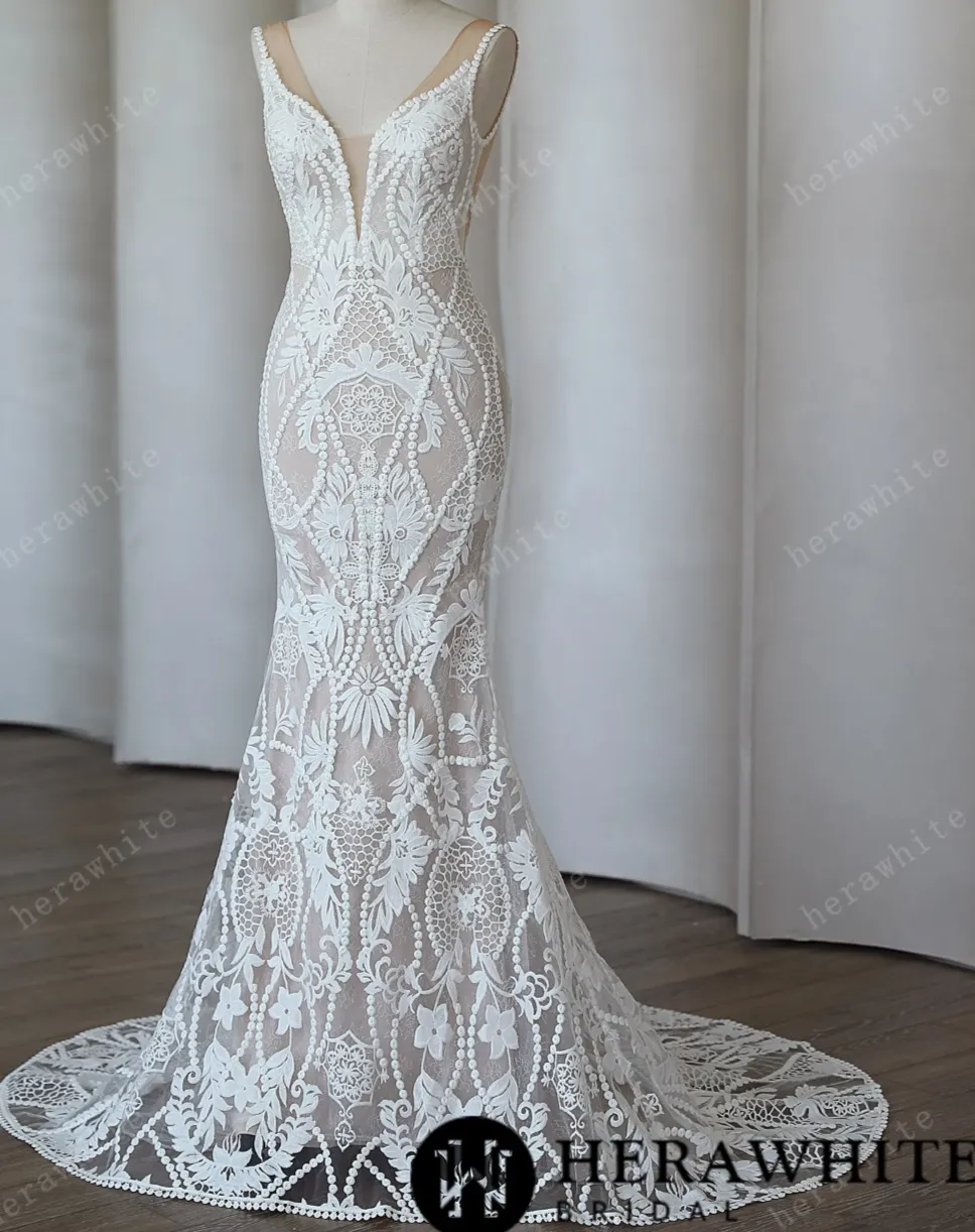 Backless Boho Chic Lace Mermaid Modern Bridal Gown