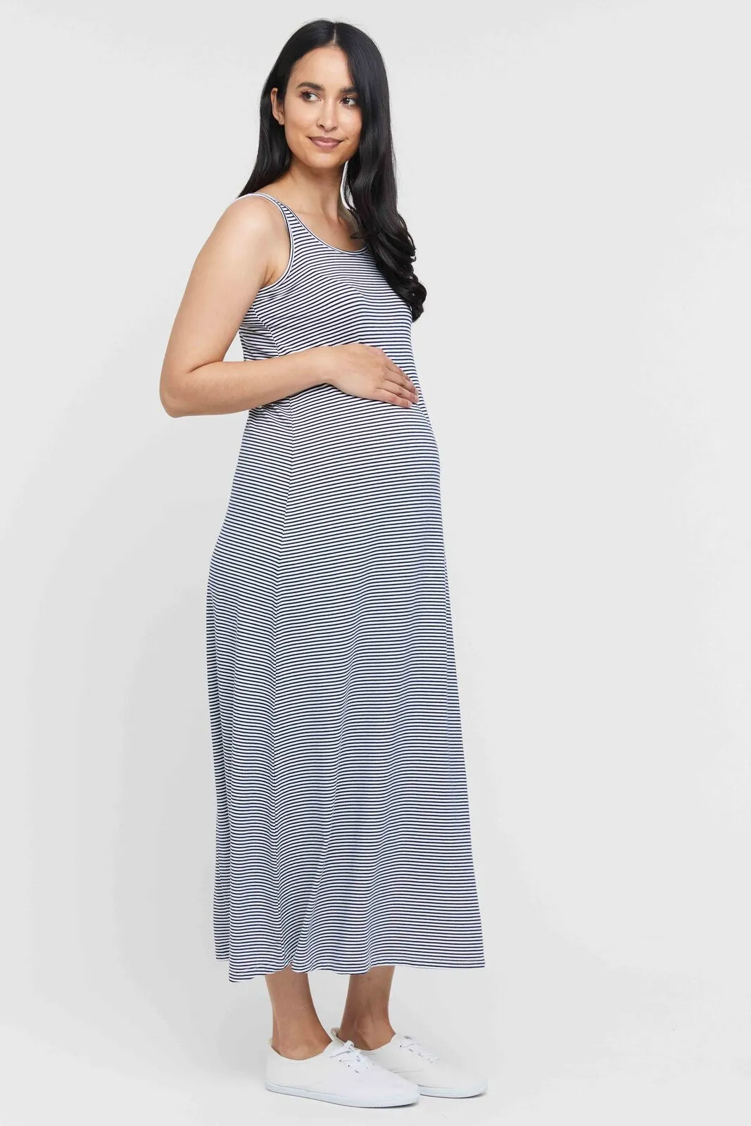 Bamboo Maxi Maternity Dress - Thin Stripe