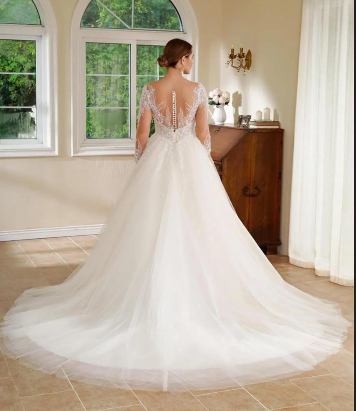 Beaded Lace Tulle Modern A Line Wedding Gown