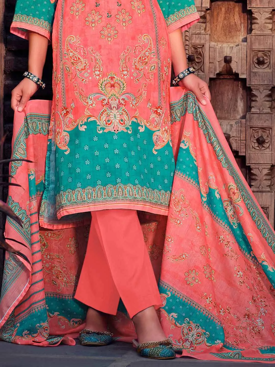 Belliza Unstitched Women Pakistani Print Cotton Suits Coral red