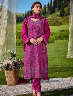 Belliza Woolen Pashmina Unstitched Pink Winter Suit for Women