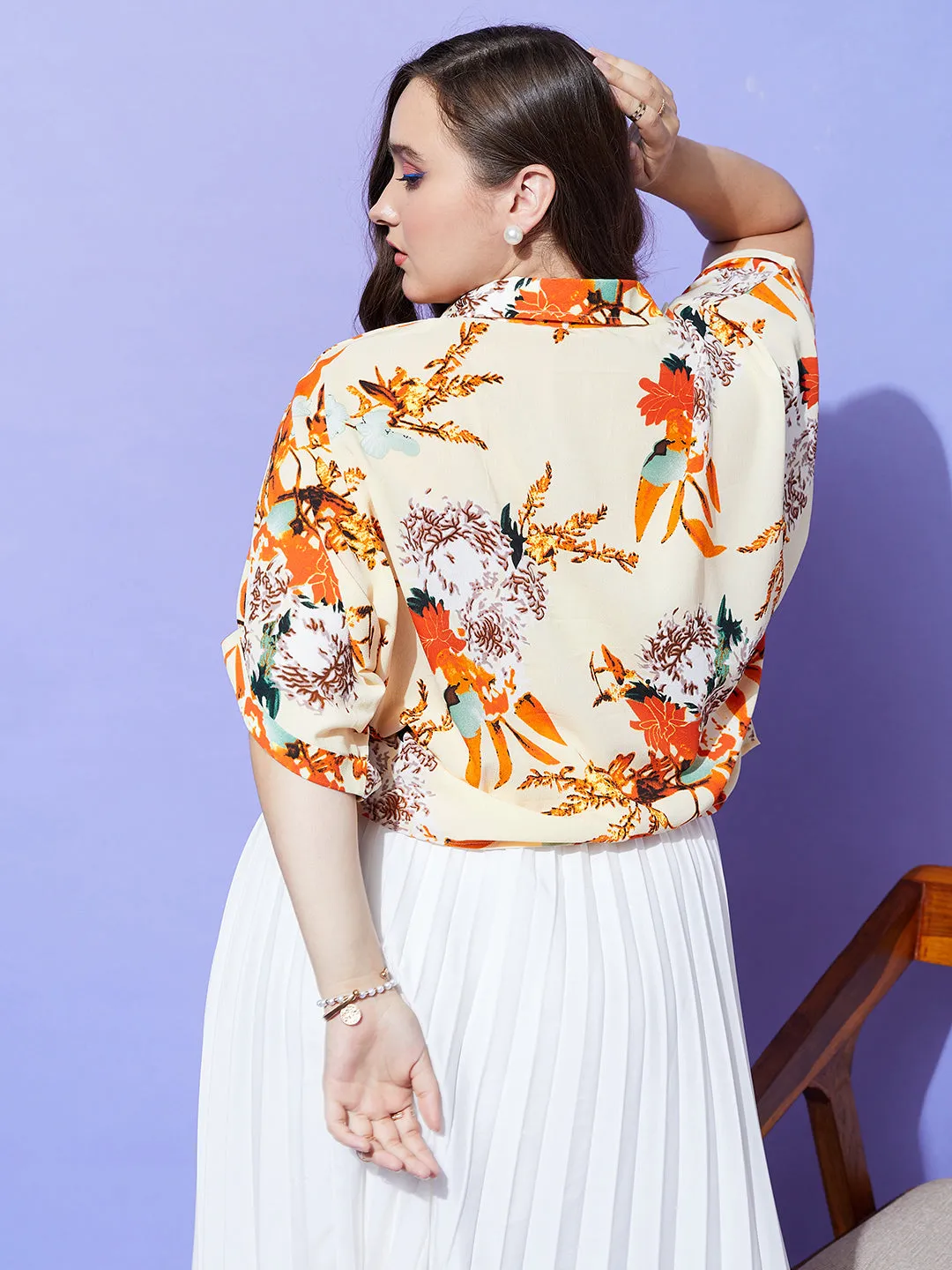 Berrylush Women Plus Size Beige & Orange Floral Printed Spread Collar Neck Batwing Sleeve Polyester Curved Hem Regular Shirt