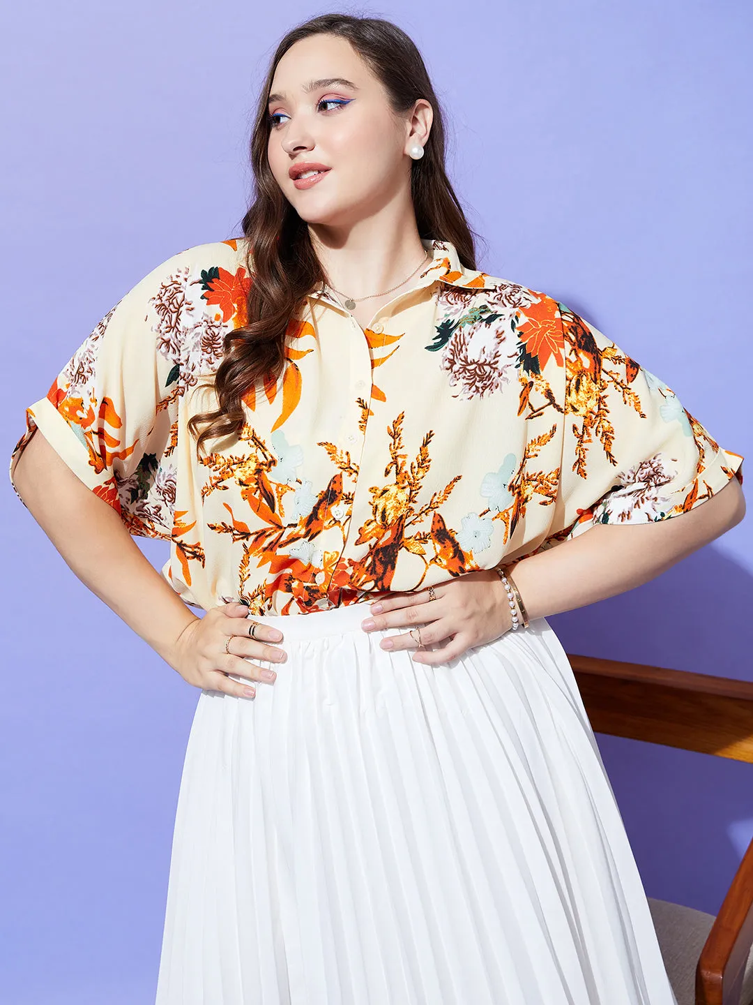 Berrylush Women Plus Size Beige & Orange Floral Printed Spread Collar Neck Batwing Sleeve Polyester Curved Hem Regular Shirt