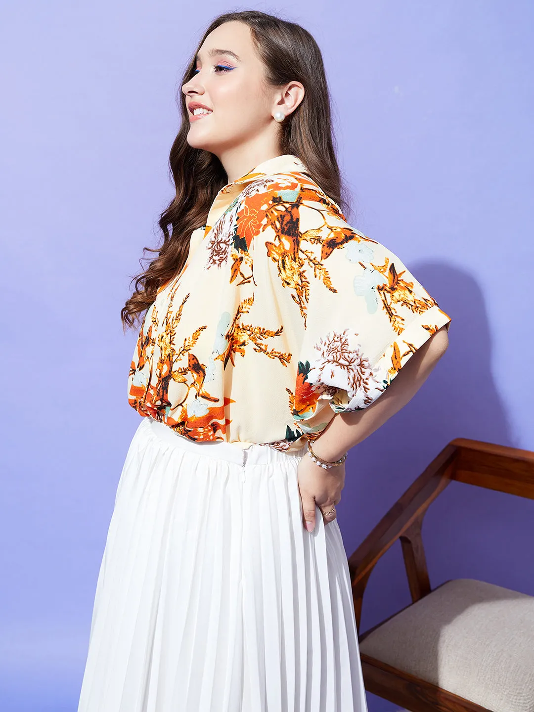 Berrylush Women Plus Size Beige & Orange Floral Printed Spread Collar Neck Batwing Sleeve Polyester Curved Hem Regular Shirt