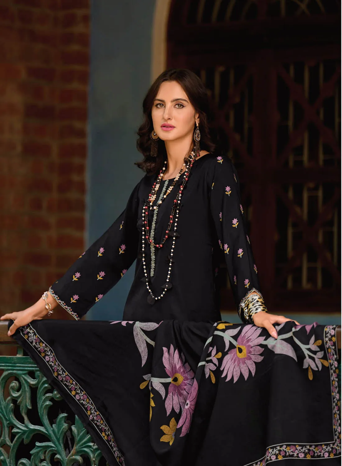 Black Pure Muslin Printed Unstitched Suit Material with Fancy Embroidery