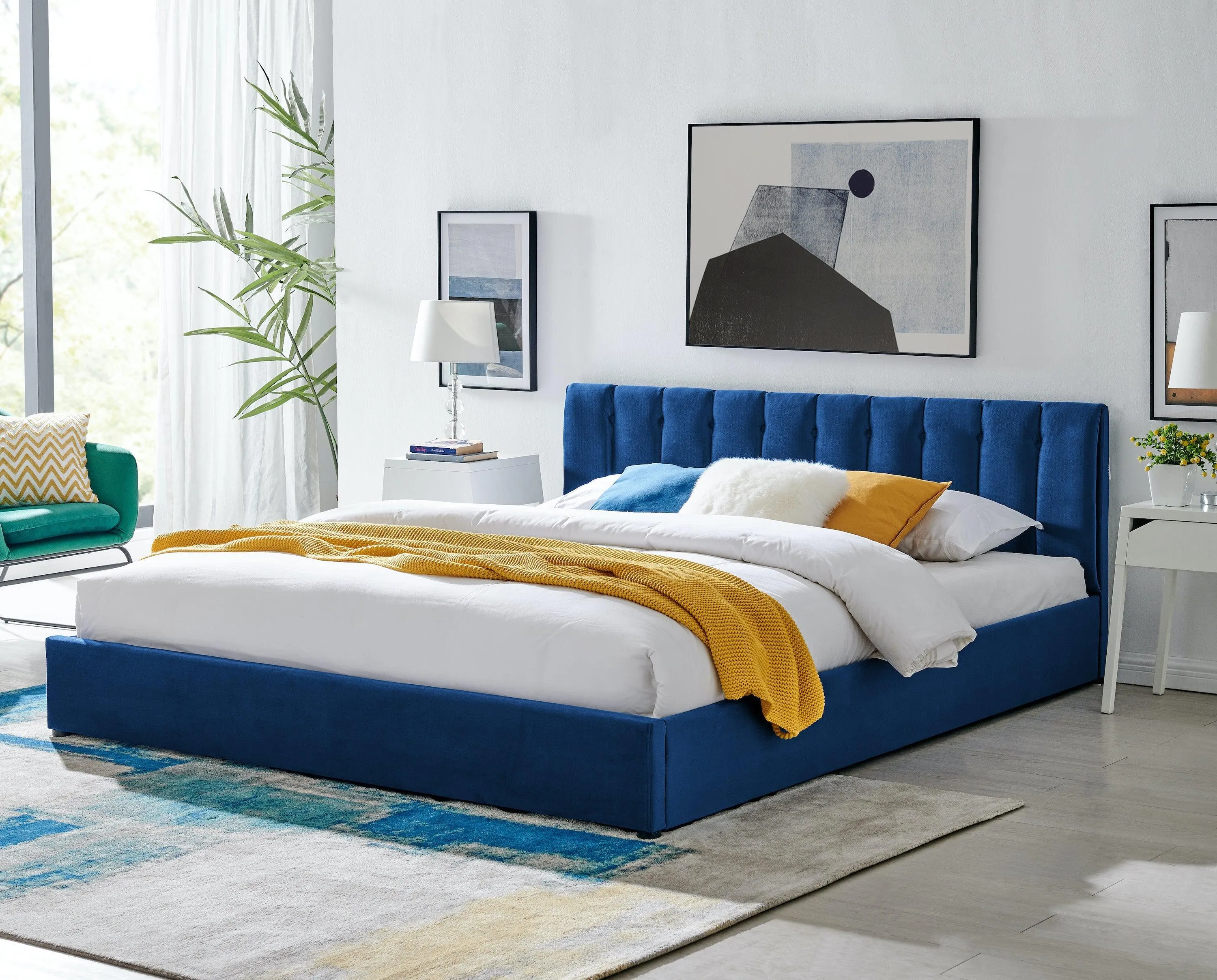 Blue Velvet Plush Ottoman Storage Bed Frame - Double or Super King