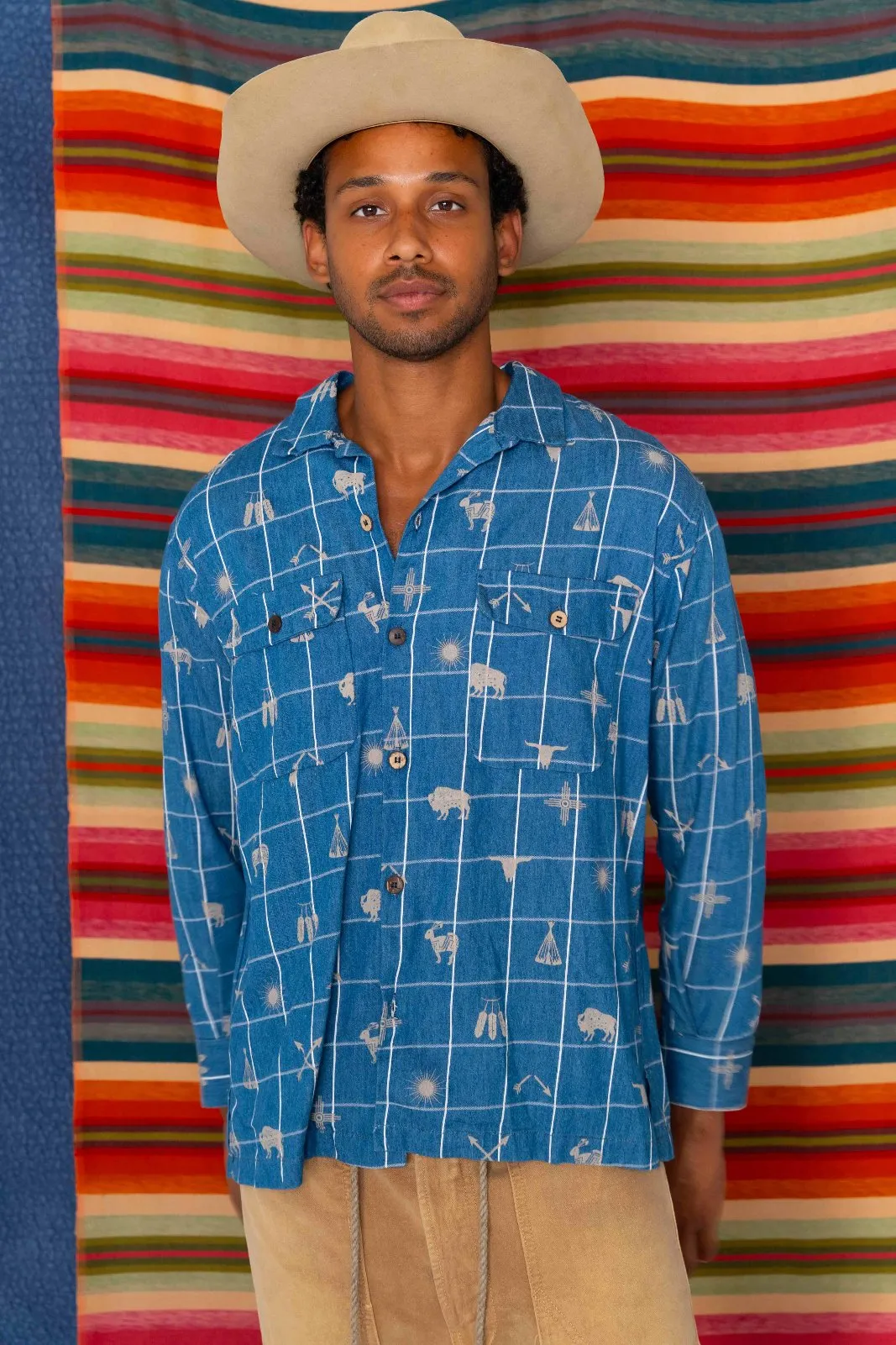 Bowling Long Sleeves Plaid Indigo Southwest Printed