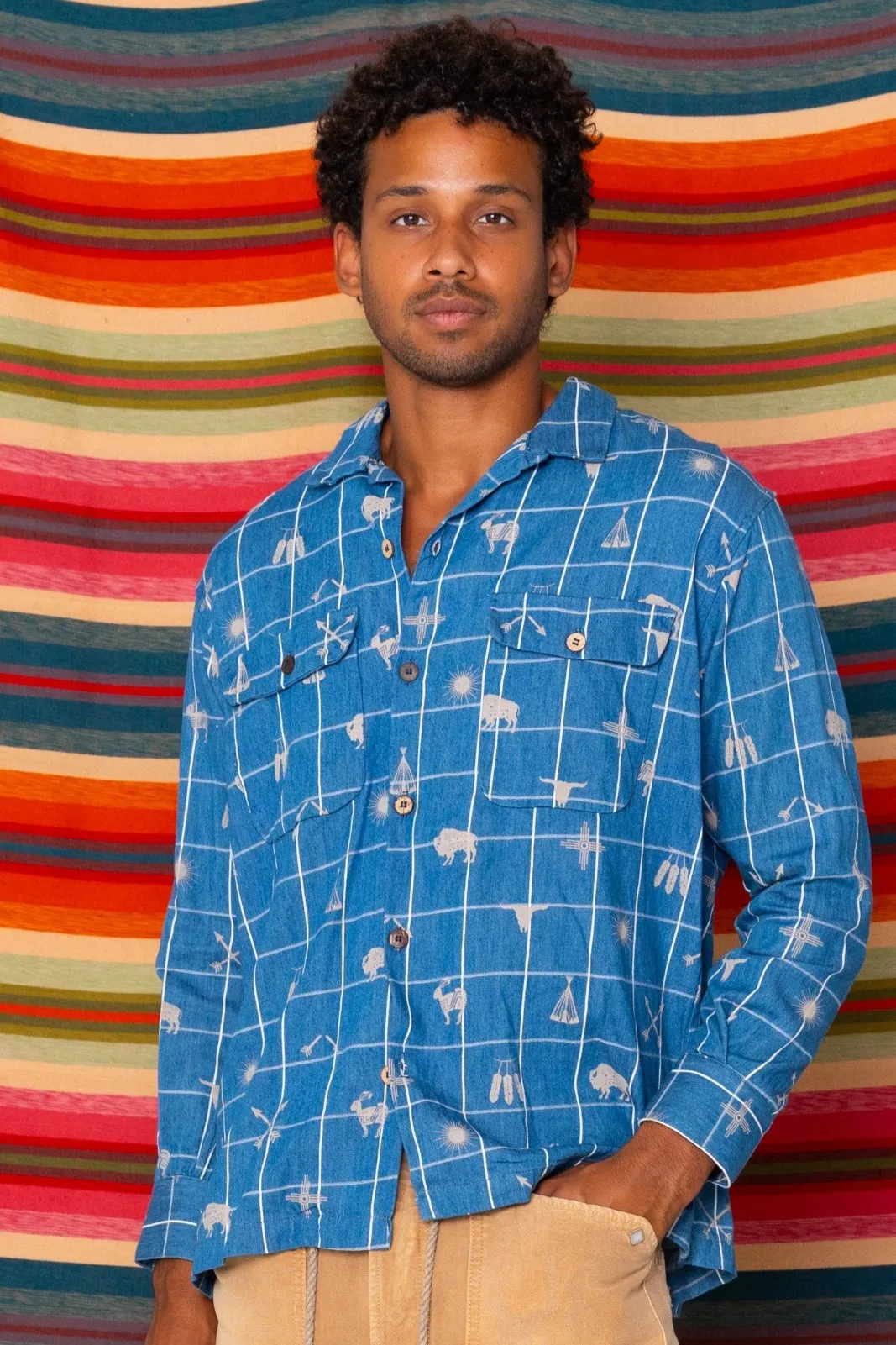 Bowling Long Sleeves Plaid Indigo Southwest Printed