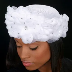 BW9021-White church hat for women with flower pebbles and rhinestones