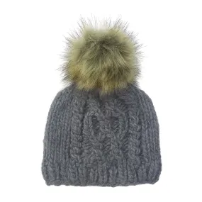 Cable Knit Fur Pom Hat, Zinc