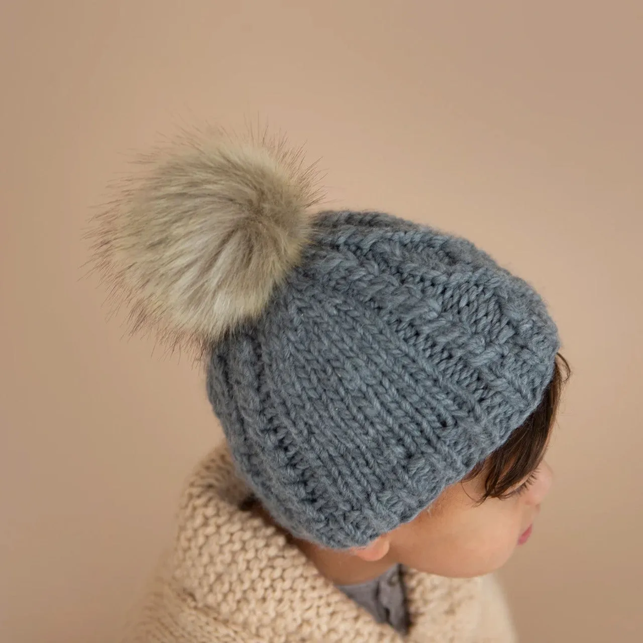 Cable Knit Fur Pom Hat, Zinc