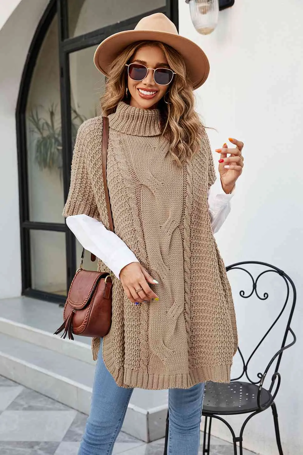 Cable-Knit Turtleneck Slit Sweater