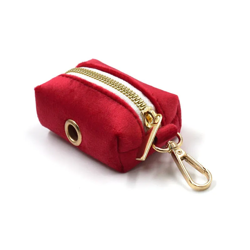 Christmas Red, Thick Velvet, Gold Buckle Pet Collar, Leash, Bow Dog Waste Bag Set