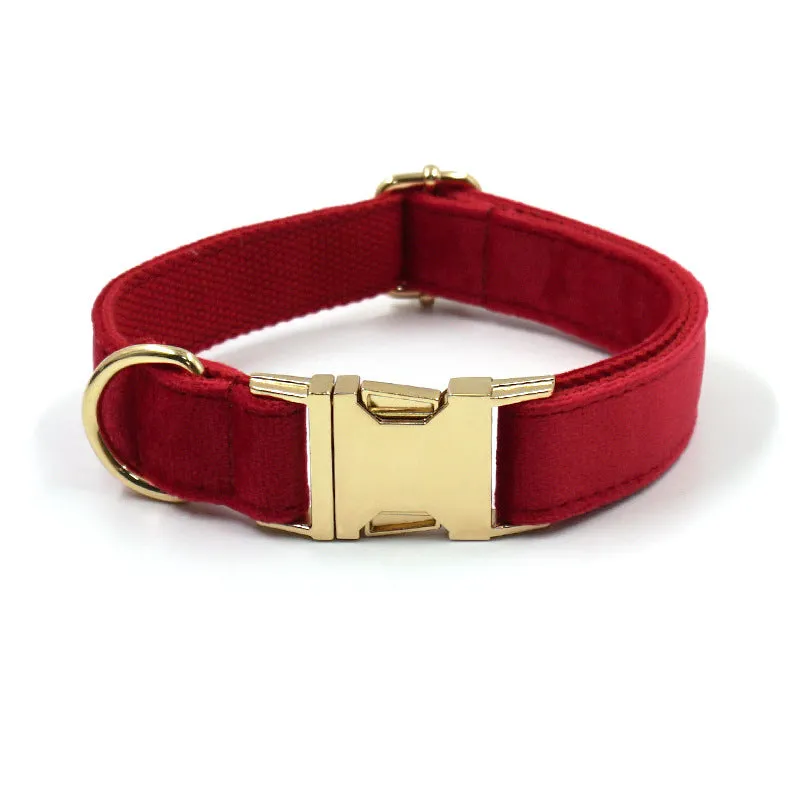 Christmas Red, Thick Velvet, Gold Buckle Pet Collar, Leash, Bow Dog Waste Bag Set