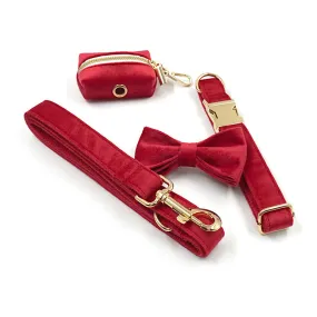 Christmas Red, Thick Velvet, Gold Buckle Pet Collar, Leash, Bow Dog Waste Bag Set