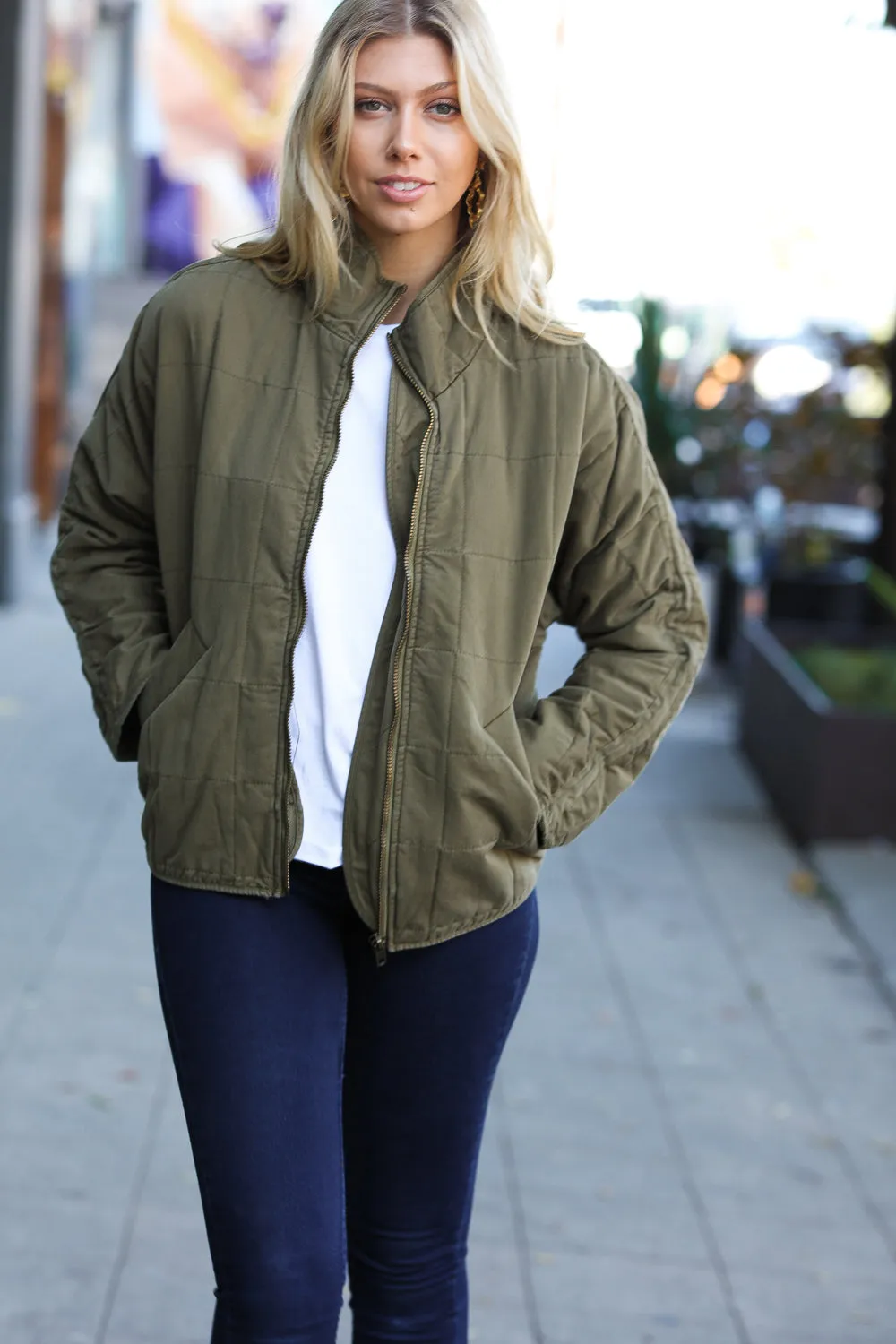 City Streets Olive Cotton Quilted Zip Up Jacket