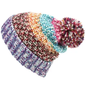 Colourful Lattice Knit Beanie Hat - Purple