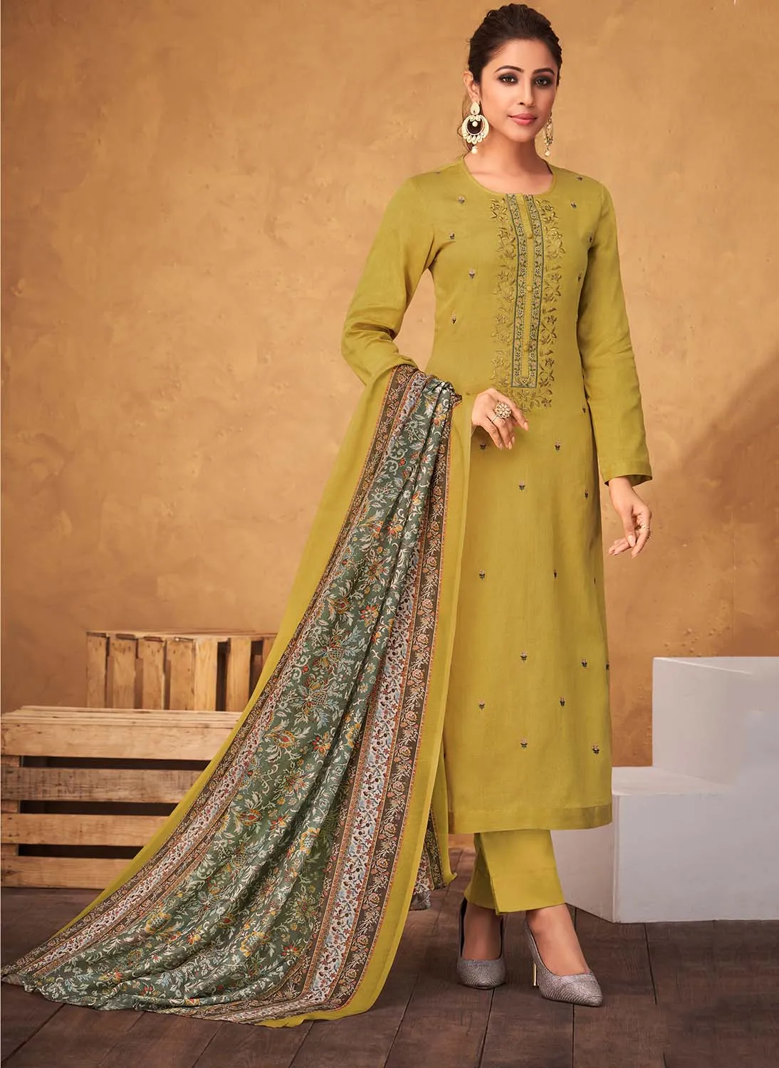 Cotton Satin Green Unstitched Salwar Suit Dress Material for Ladies