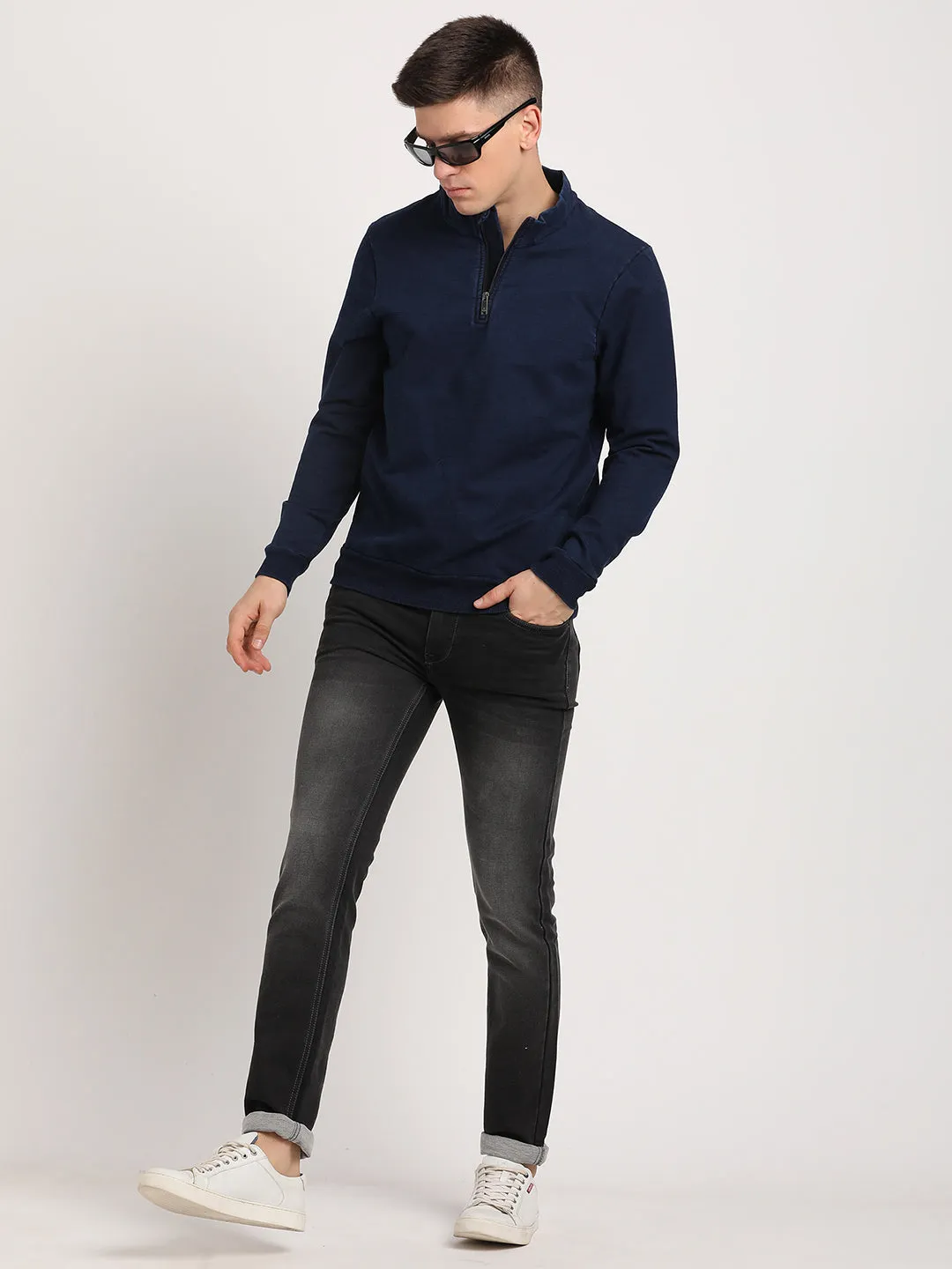 Cotton Tencel Navy Printed Regular Fit Full Sleeve Casual Sweatshirt