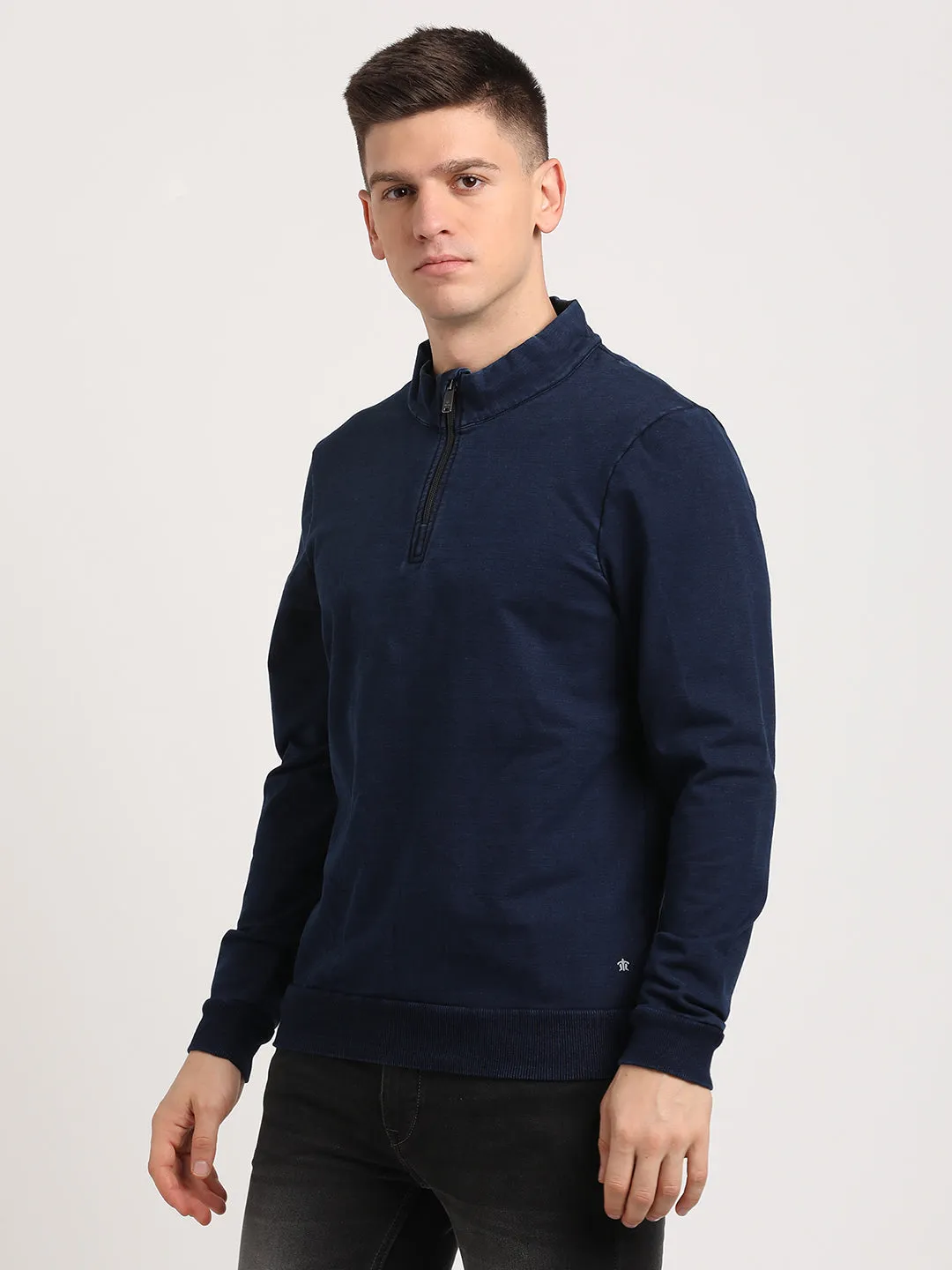 Cotton Tencel Navy Printed Regular Fit Full Sleeve Casual Sweatshirt