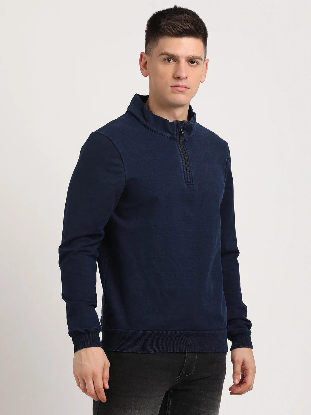 Cotton Tencel Navy Printed Regular Fit Full Sleeve Casual Sweatshirt