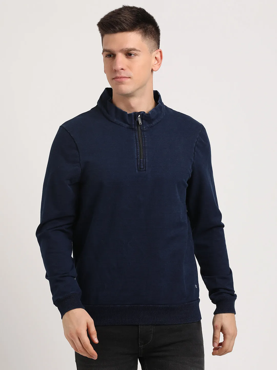 Cotton Tencel Navy Printed Regular Fit Full Sleeve Casual Sweatshirt