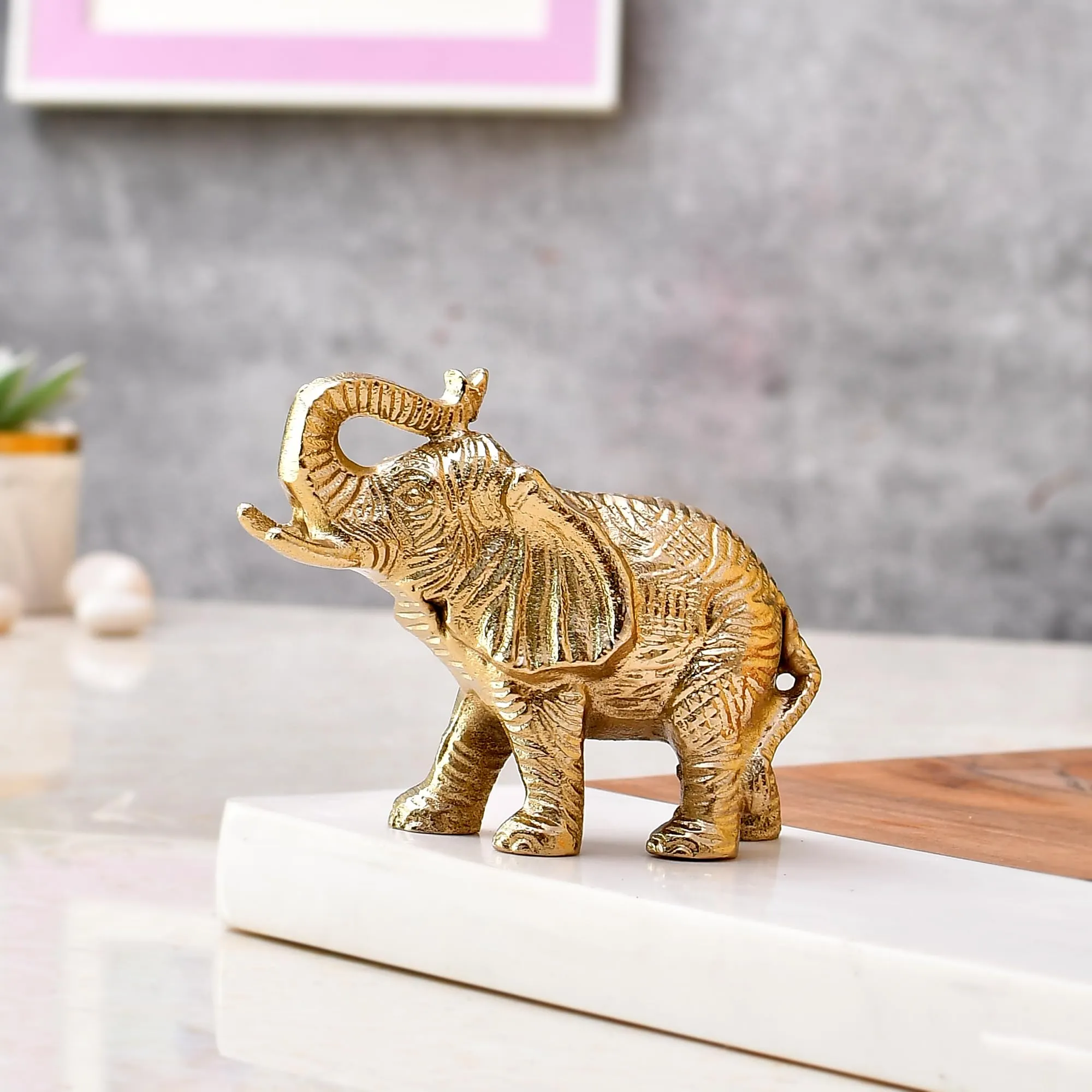 CraftVatika Aluminium Elephant with Golden Finish Statue Showpiece, Metal Elephant Statue Figurine for Vastu Good Luck Pooja Room Home Decor (3.4 Inch Height)