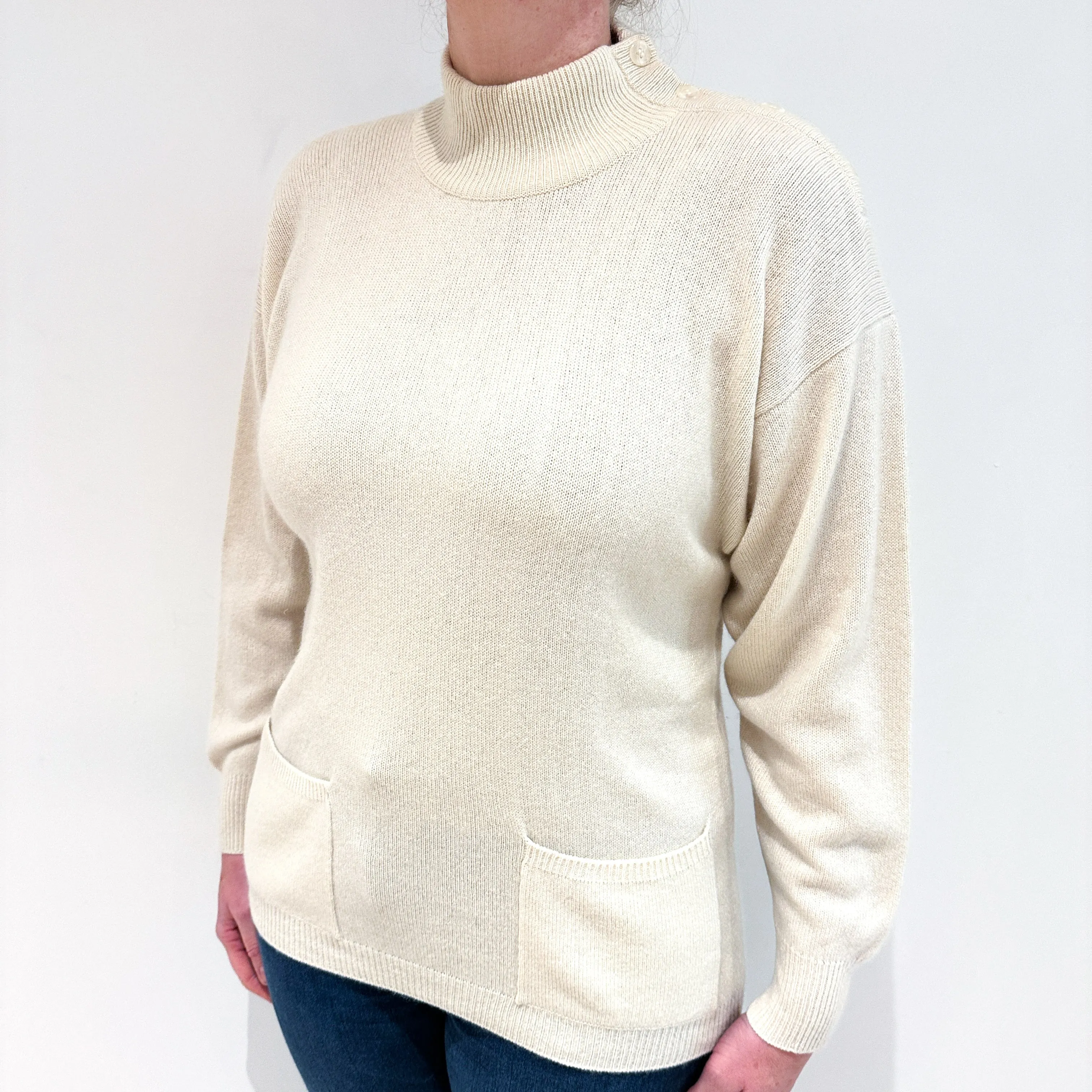 Cream Cashmere Turtle Neck Jumper with Pockets Large