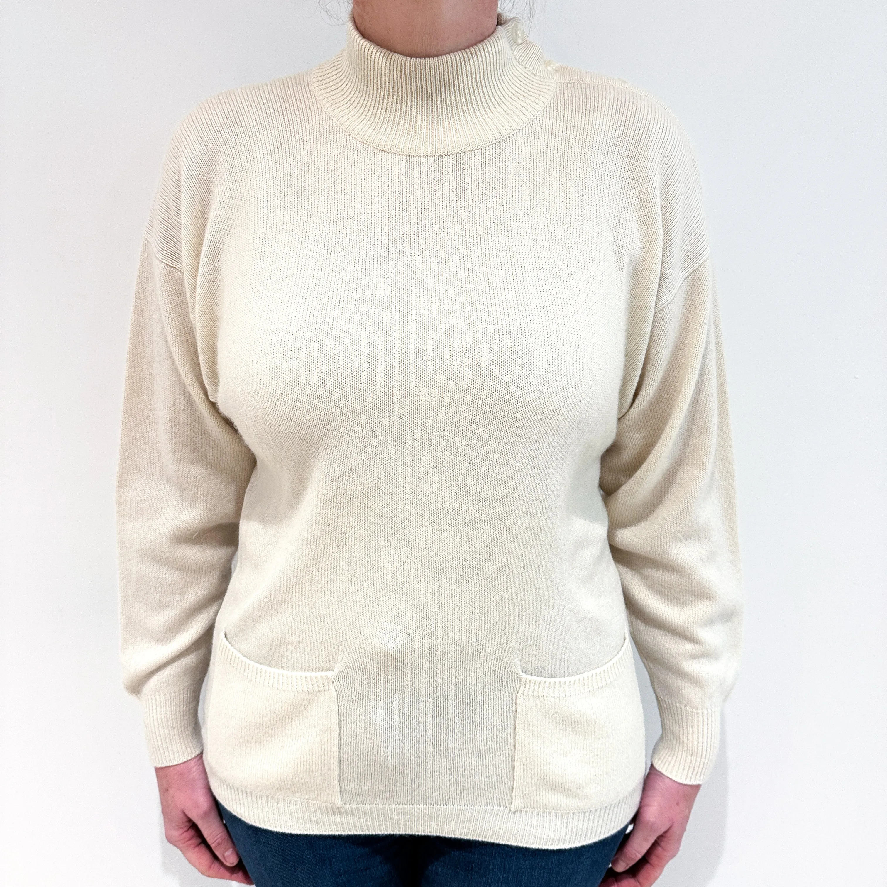 Cream Cashmere Turtle Neck Jumper with Pockets Large