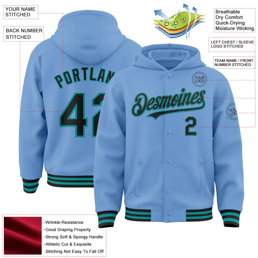 Custom Light Blue Black-Teal Bomber Full-Snap Varsity Letterman Hoodie Jacket